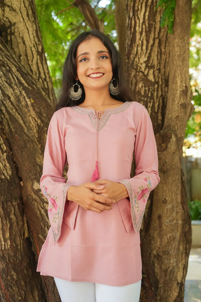 Blossom Belle Embroidered Kurti - Pastel Pink
