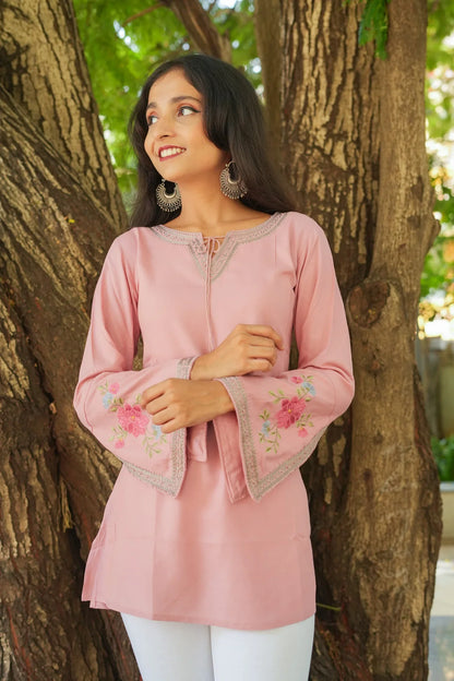 Blossom Belle Embroidered Kurti - Pastel Pink
