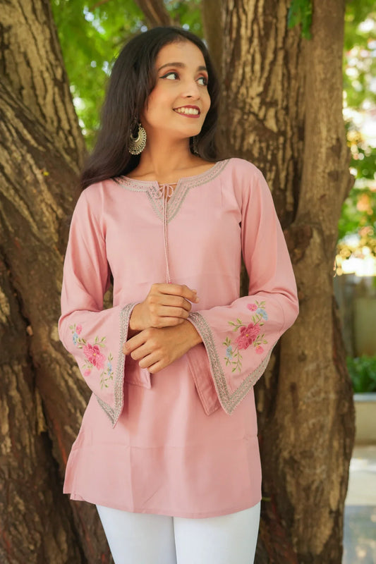 Blossom Belle Embroidered Kurti - Pastel Pink
