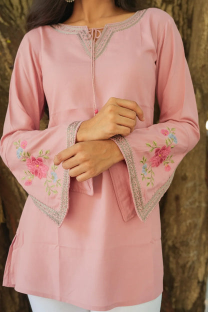 Blossom Belle Embroidered Kurti - Pastel Pink